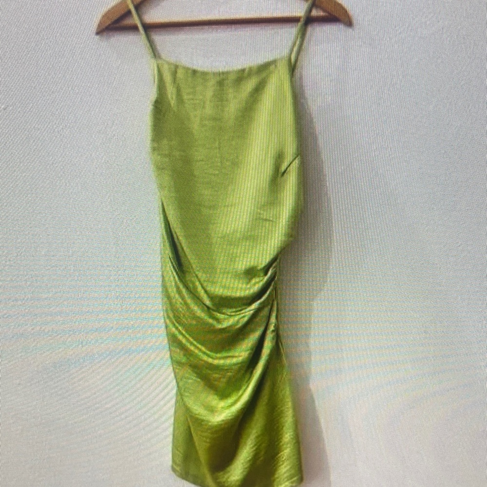 Lulu's Women's XL Captivated by Love Lime Green Satin Ruched Bodycon Mini Dress